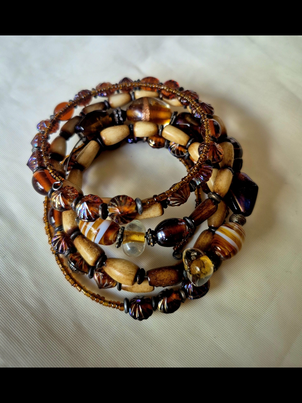 Vintage Handcrafted Tan and Brown Memory Wire Wrap Bracelet